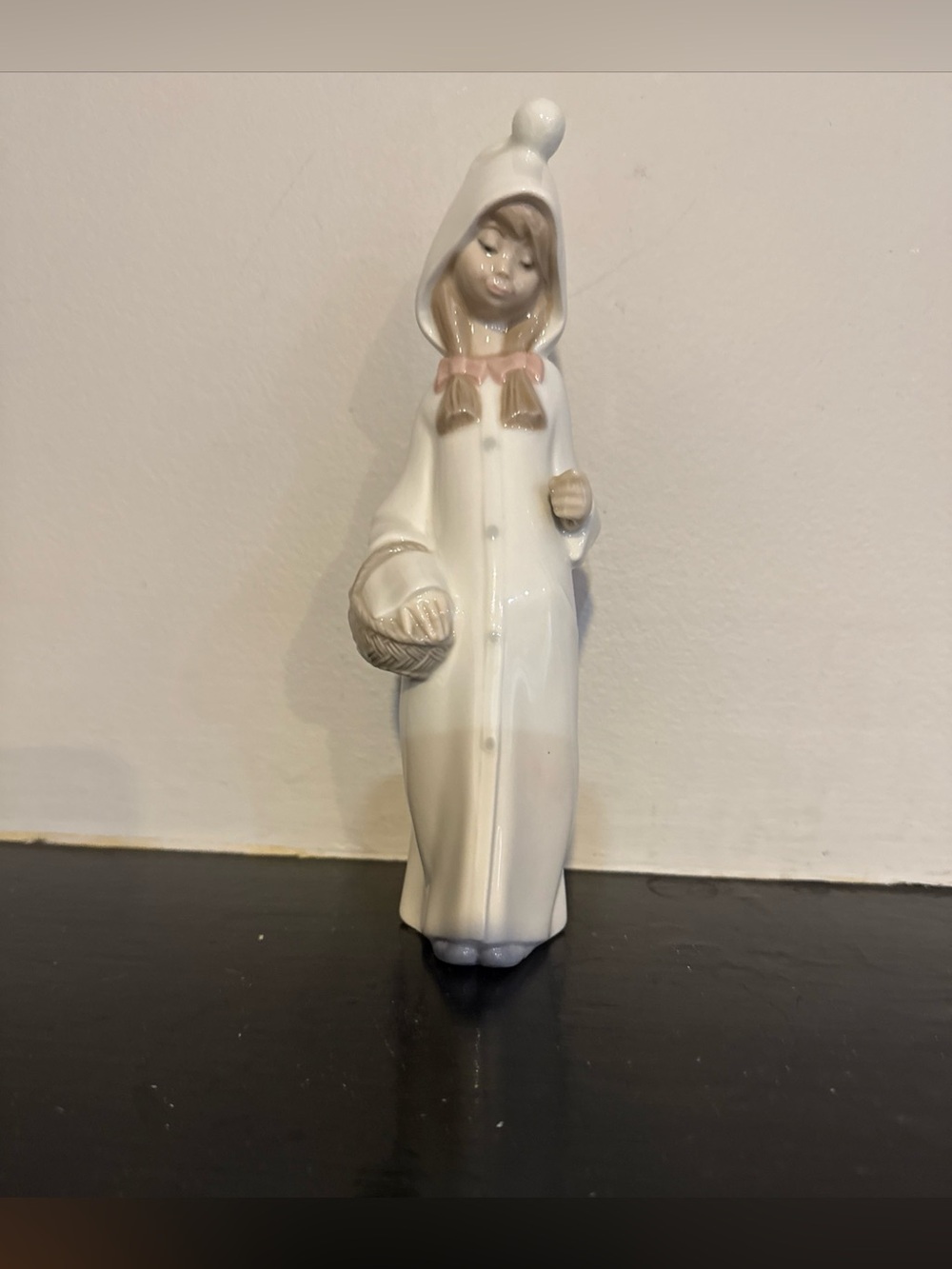 Lladro White Porcelain Girl Figurine with Pink Bow